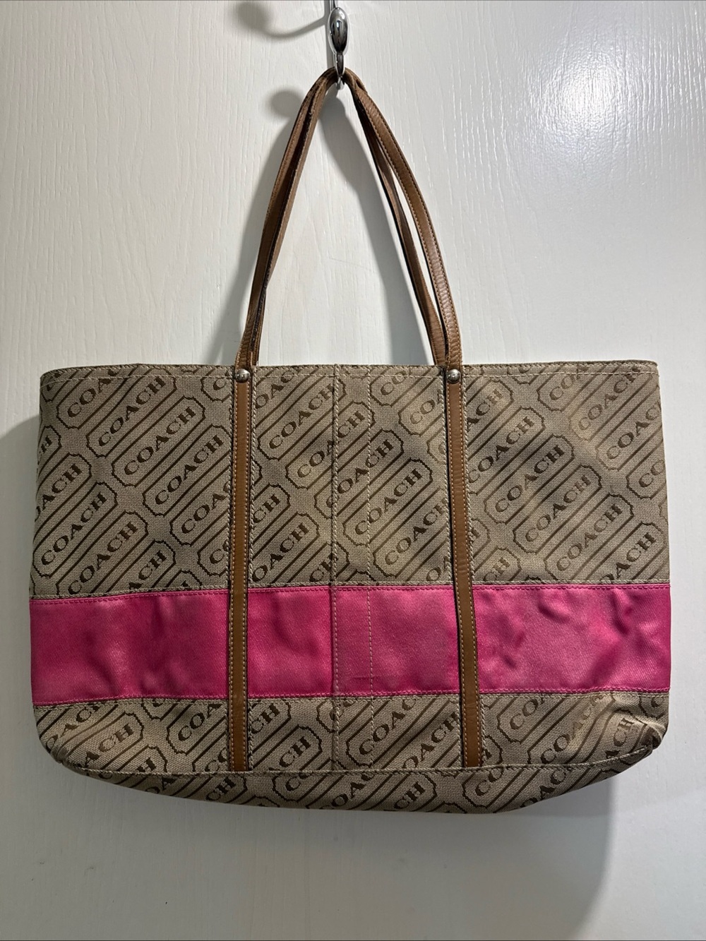 Coach Brown Logo Tote with Pink Accent Stripe - Picture 5 of 14